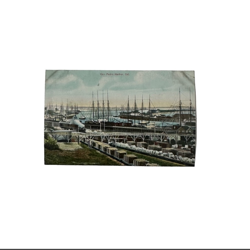 Vtg 1910s Postcard San Pedro Harbor California CA Ships Boats Railroad Train